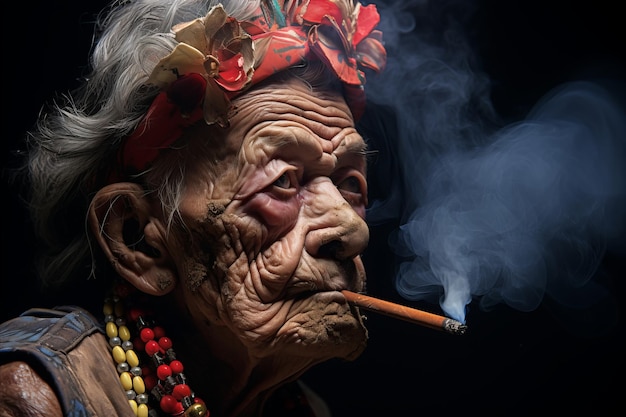 Starsza kobieta w dużych okularach paląca fajkę w uroczej wiosce