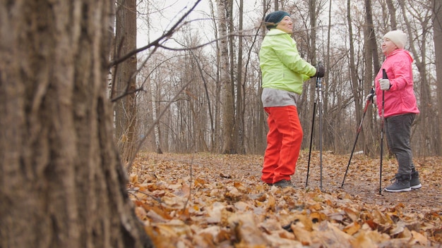 Starsza kobieta w jesiennym parku rozgrzewa się przed nordic walking wśród żółtych liści