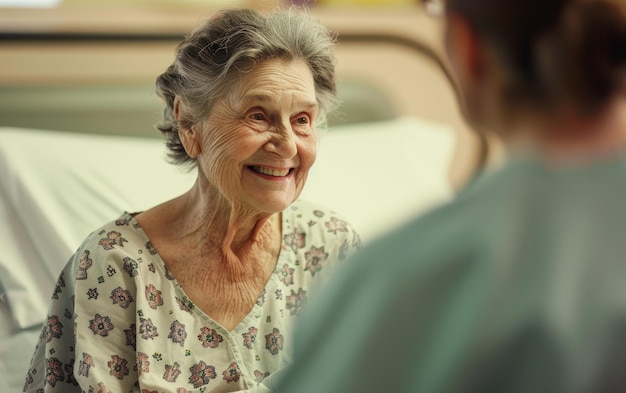 Starsza kobieta w kwiatowym szpitalnym szlafroku promieniuje promieniującym uśmiechem. Jej radosny wyraz twarzy angażuje osobę siedzącą naprzeciwko niej