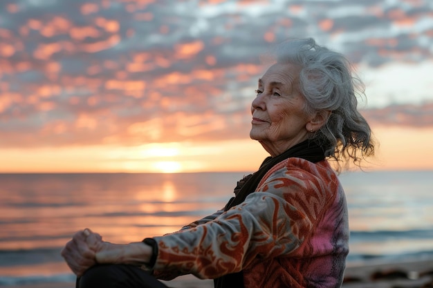 Starsza kobieta w modnej odzieży sportowej rozciągająca się na plaży o świcie miękkie pastelowe wschód słońca spokojne morze w tle