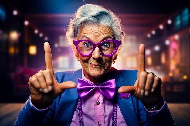Zdjęcie starsza kobieta w okularach i fioletowym pałeczce podnosi kciuk