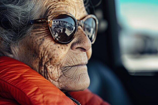 Starsza kobieta w okularach przeciwsłonecznych w samochodzie