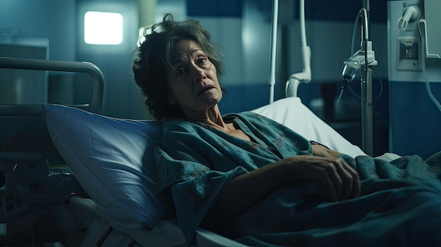 Starsza kobieta w sali szpitalnej ze smutną twarzą i plamami na szpitalnej piżamie