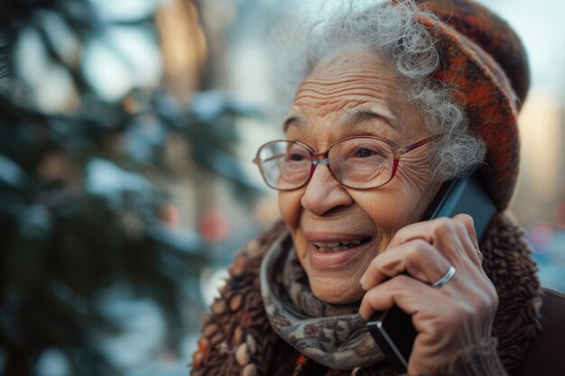 Starsza kobieta w wieku 70 lat rozmawia przez telefon.