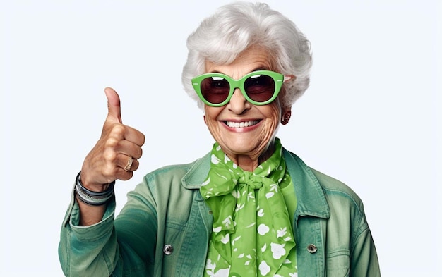 Starsza kobieta w zielonych okularach przeciwsłonecznych, dająca znak kciuka w górę.