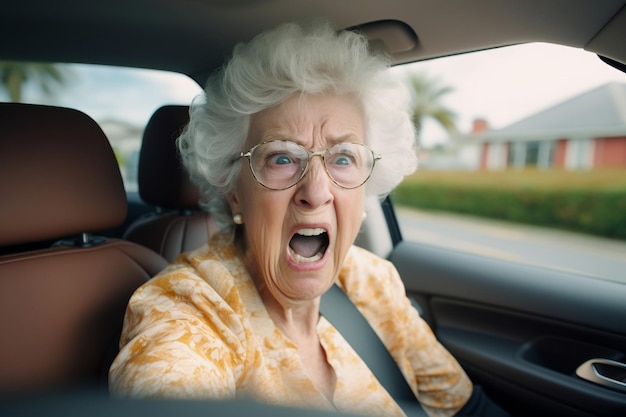 Starsza kobieta wściekła podczas jazdy w ruchu generującym sztuczną inteligencję