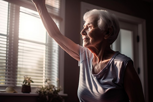 Starsza kobieta wyciąga rękę przez okno Generative Ai