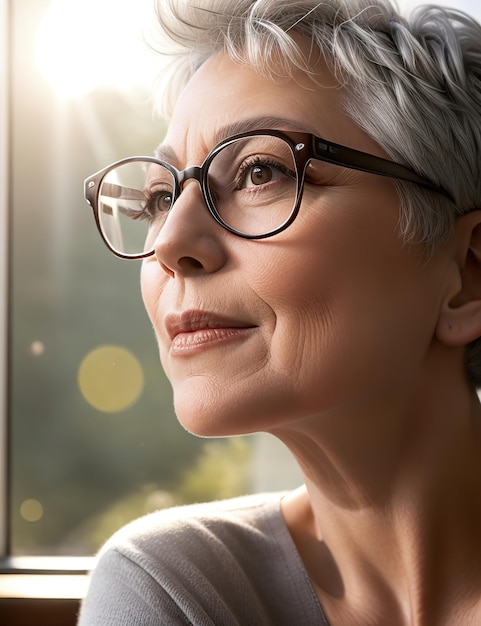 starsza kobieta z krótkimi siwymi włosami w okularach w czarnej oprawie nad porannym światłem
