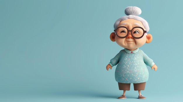 Starsza kobieta z siwymi włosami i okularami stoi przed niebieskim tłem. Ma na sobie niebieski sweter i brązowe spodnie.