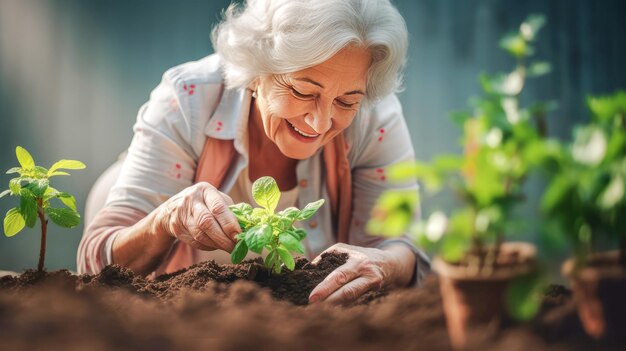 starsza kobieta z siwymi włosami uśmiecha się i sadzi sadzonki na otwartym terenie