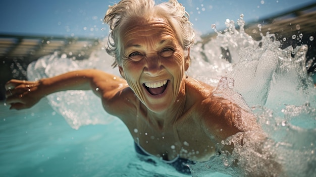 Starsza kobieta z wdziękiem pływa w basenie
