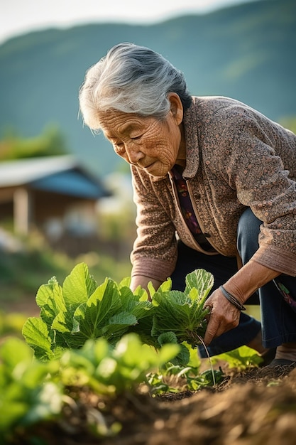 Starsza koreańska kobieta uprawiająca ziemię na farmie