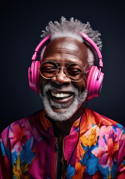 Starsza osoba słucha muzyki ze słuchawkami