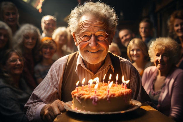 Starsza osoba świętująca swoje urodziny Generatywna sztuczna inteligencja