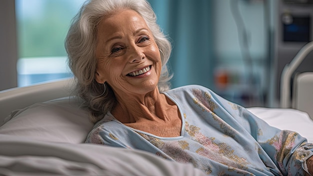 Starsza pacjentka leżąca zadowolona uśmiechając się do nowoczesnego łóżka dla pacjentów w szpitalu