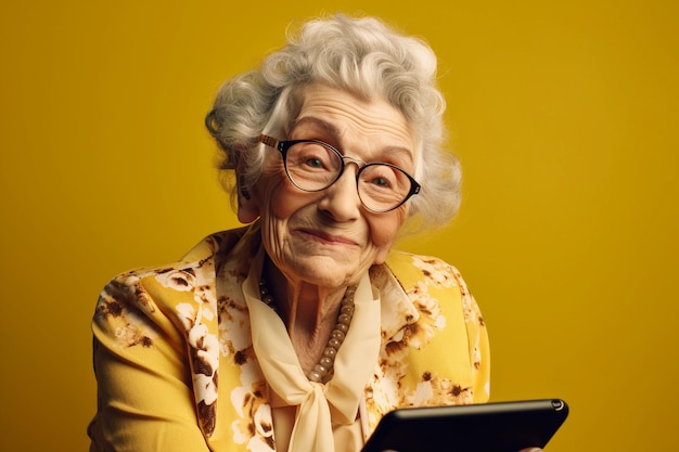 Starsza pani w okularach i uśmiechnięta pracująca z tabletem na czarnym tle
