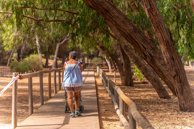 Starsza pani z wnukiem spacerująca ścieżką Parku Przyrody Lagunas de la Mata w Torrevieja Alicante