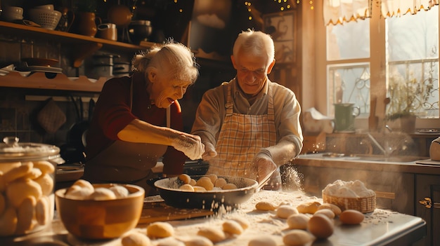 Zdjęcie starsza para gotuje razem w kuchni. obaj się uśmiechają i wyglądają szczęśliwie.