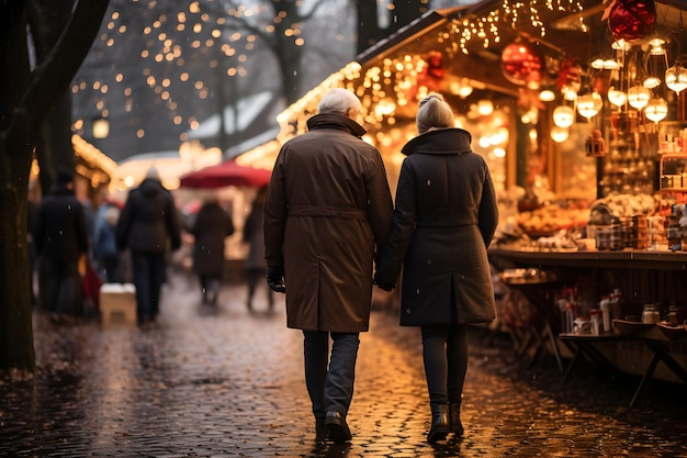 Zdjęcie starsza para na jarmarku bożonarodzeniowym w zimowej atmosferze lubi świąteczne zakupy