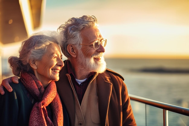 Starsza para na pokładzie statku lub liniowca na tle morza Szczęśliwi i uśmiechnięci ludzie Podróż liniowcem Rejs morski aktywny wypoczynek Miłość i romans starszych osób
