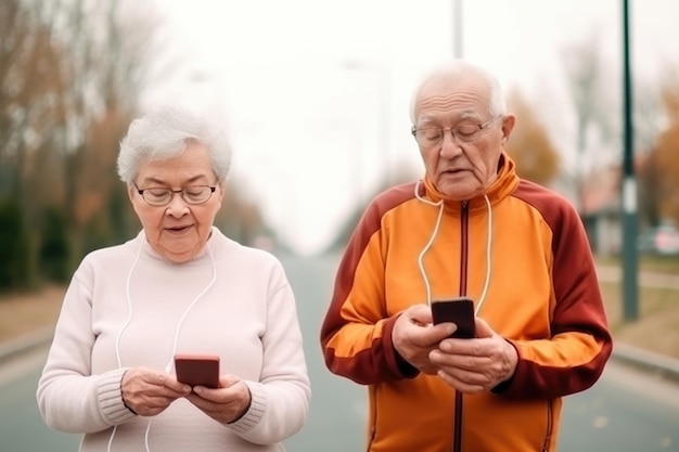 Starsza para na zewnątrz i telefon w rękach do połączenia z mediami społecznościowymi podczas biegania po drodze