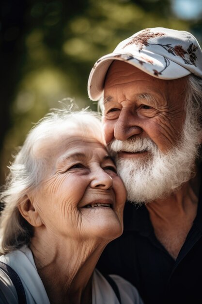 Starsza para opiekuje się i kocha, uśmiechając się na zewnątrz w słońcu wraz z generatywną ai