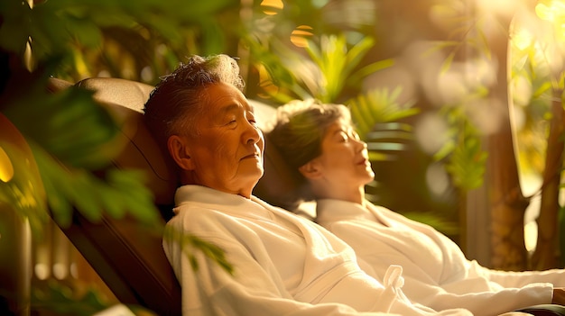 Starsza para relaksująca się w fotelach przy zachodzie słońca spokojny styl życia na emeryturze spokojny moment wakacyjny cieszący się złotymi latami razem spokojna scena relaksacyjna dla starszych AI