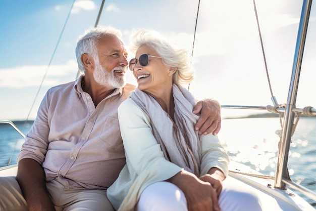 Starsza para siedzi na łodzi lub jachcie na tle morza Szczęśliwa i uśmiechnięta Patrzą na fale i obejmują się Wakacje w rejsie morskim Miłość i romans starszych ludzi