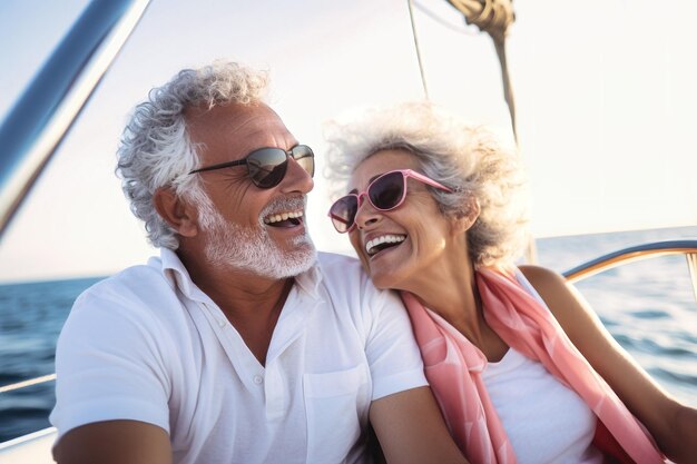 Starsza para siedzi w łodzi lub jachcie na tle morza szczęśliwa i uśmiechnięta patrzą na fale i przytulają się