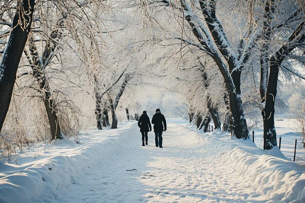 Zdjęcie starsza para spacerowała w zimowym parku.