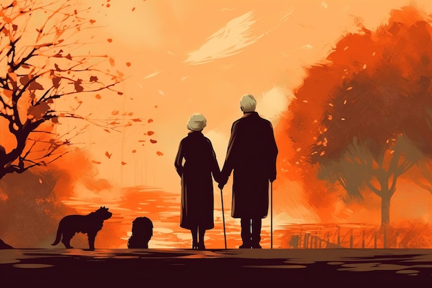 Starsza para spaceru razem z psami w jesiennym parku Widok z tyłu sylwetki starej żony i męża na zewnątrz Miłość w starszym wieku i romans Generatywna ilustracja AI