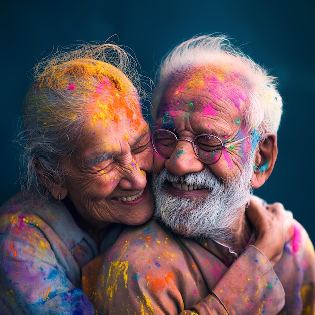 Starsza para świętuje Holi z śmiechem i żywymi kolorami na czystej tablicy