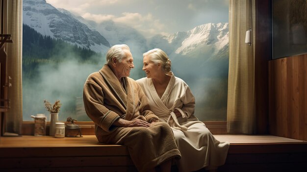 Starsza para w szlafrokach w saunie z widokiem na góry