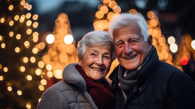 Starsza para zakochana o zachodzie słońca na ulicy ozdobionej lampkami bożonarodzeniowymi