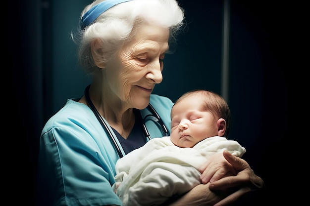 Starsza pielęgniarka trzyma w ramionach jednodniowe dziecko, noworodek zapewniający opiekę medyczną.