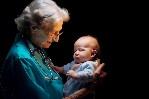 Starsza pielęgniarka trzyma w ramionach jednodniowe dziecko, noworodek zapewniający opiekę medyczną.