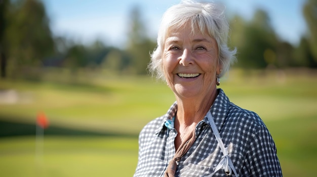 Zdjęcie starsza zawodniczka uśmiecha się po zatopieniu putta na polu golfowym