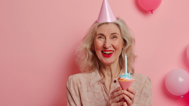 starsza zmarszczona kobieta świętuje urodziny nosi uroczyste ubrania odizolowane na różowym tle