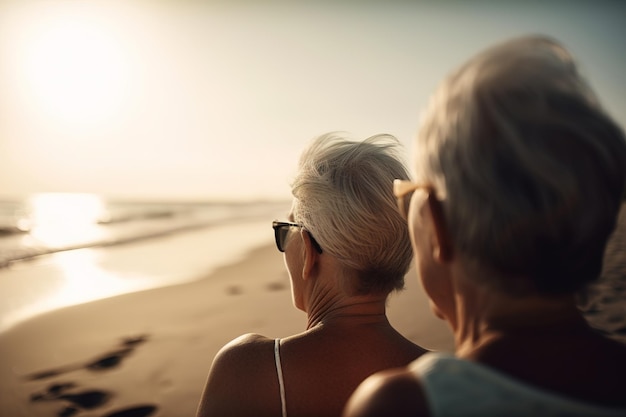 Starsze kobiety dziewczyny w okularach na plaży na morzu słoneczny dzień widok z tyłu Seniorzy podróżują na emeryturze odpoczywają na starość Generacyjna sztuczna inteligencja