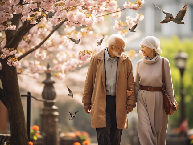 Starsze małżeństwo na wiosennym spacerze wśród kwiatów wiśni