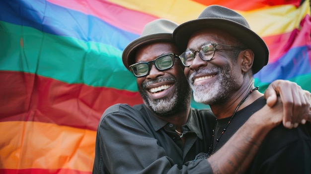 Starsze mężczyźni LGBT uściskają się na tle tęczowej flagi festiwalu gejowskiego