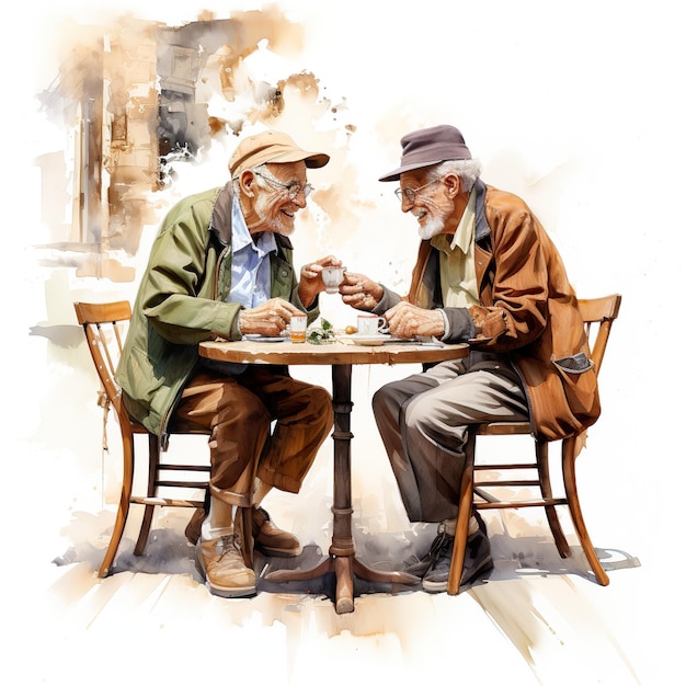 Starsze mężczyźni pijący kawę i siedzący przy stoliku w kawiarni odizolowany na białym tle