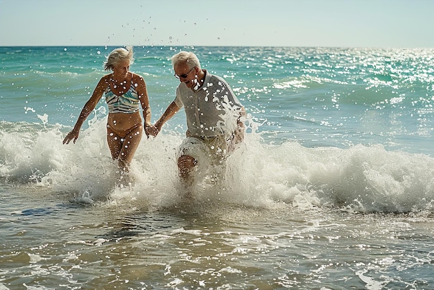 Starsze osoby trzymające się za ręce i bawiące się między falami na plaży