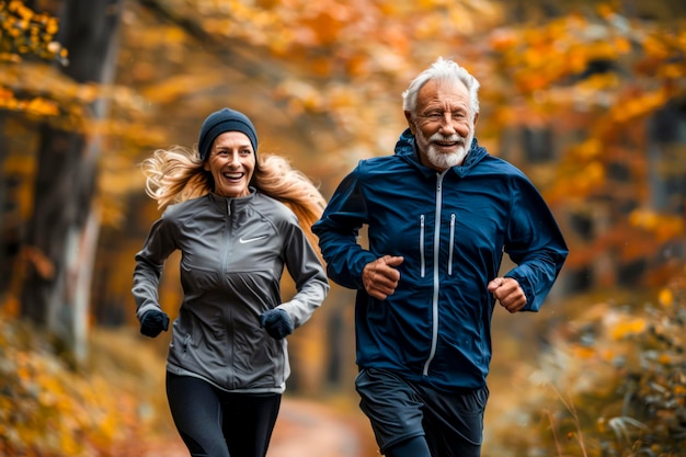 Starsze pary cieszące się wspólnym aktywnym stylem życia poprzez bieganie na świeżym powietrzu i fitness w przyrodzie, pozostając zdrowe i szczęśliwe na emeryturze
