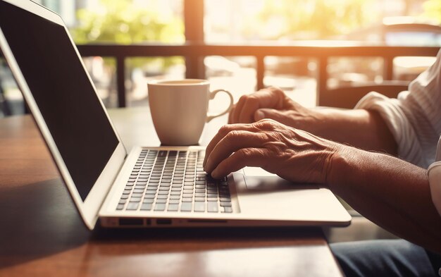 Starsze ręce piszą na laptopie w kawiarni, ustawiając generatywną sztuczną inteligencję