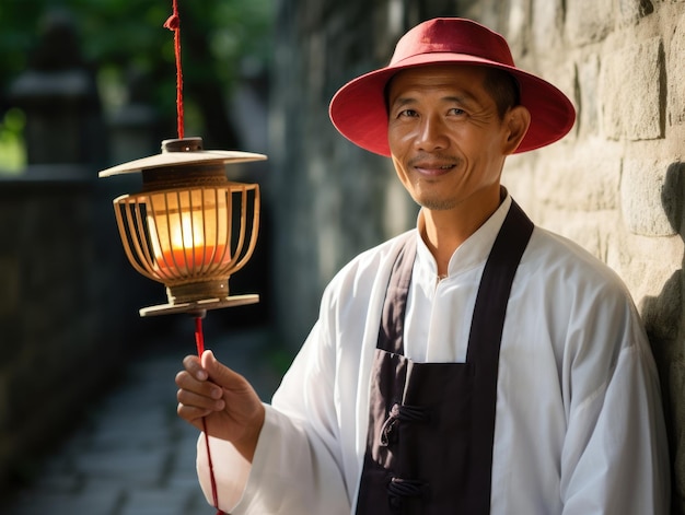Starszy azjatycki mężczyzna uśmiecha się w tradycyjnym chińskim stroju, trzymając chińską latarnię