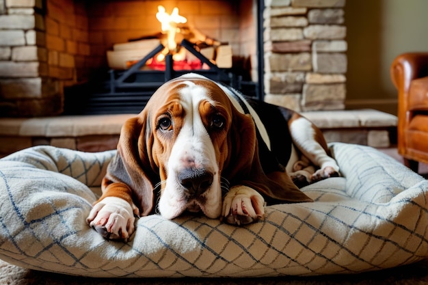 Zdjęcie starszy basset hound lekko chrapi na łóżku psa w salonie w pobliżu oświetlonego kamiennego komina