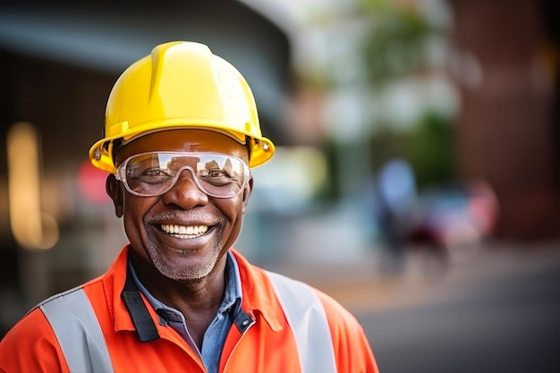 Starszy ciemnoskóry mężczyzna w twardym kapeluszu i okularach gotowy do pracy