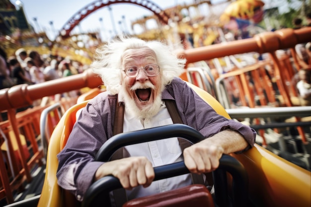 Zdjęcie starszy człowiek cieszy się w parku rozrywki.