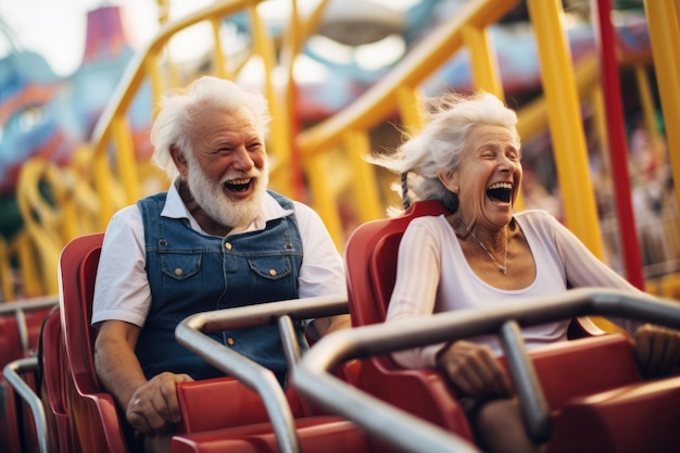 Starszy człowiek cieszy się w parku rozrywki.